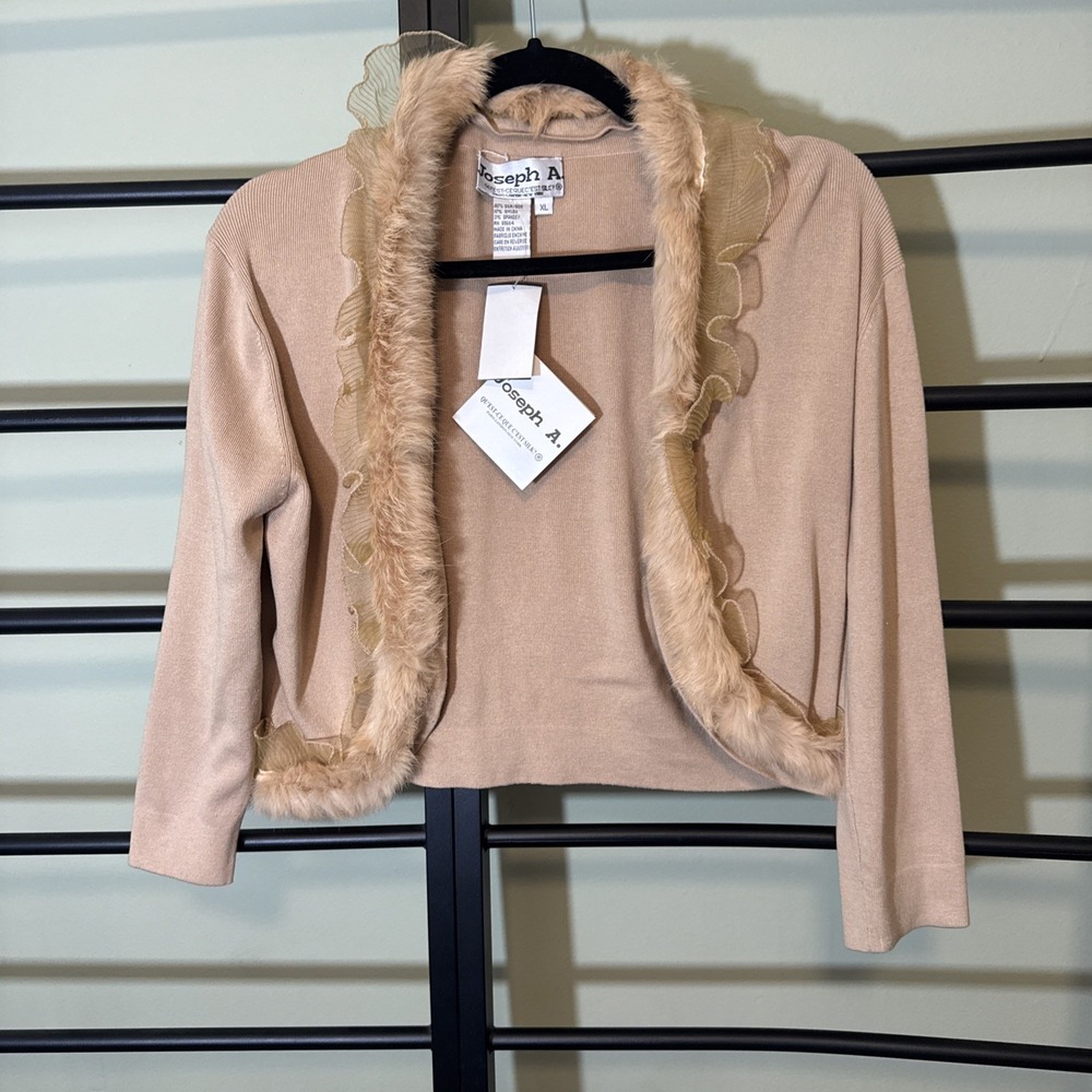 Vintage‎ Y2K Joseph A. Silk Cardigan 90's Faux Fur Trim Tan Women's XL NEW Tags